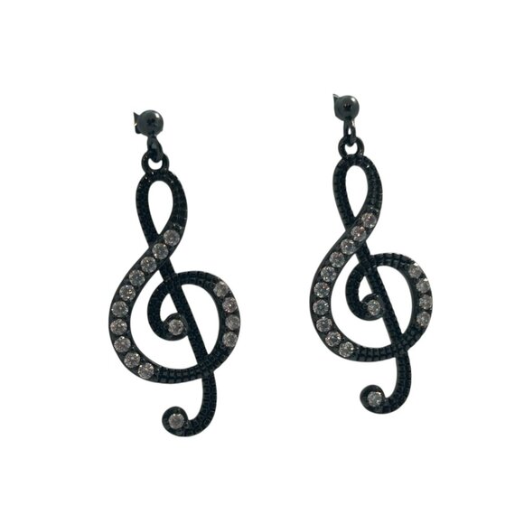 Treble Clef Earrings Music Note Black Metal Rhinestones Artistic Teacher Gift - Picture 1 of 6